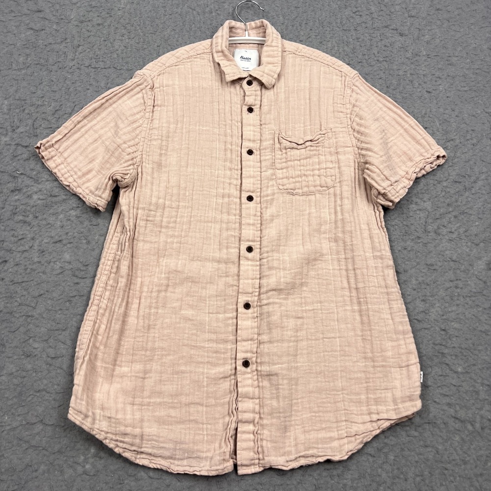 KATIN Shirt Linen Shirt Men's Large* Pink Gauze Airy Knit Short Sleeve Button Up
